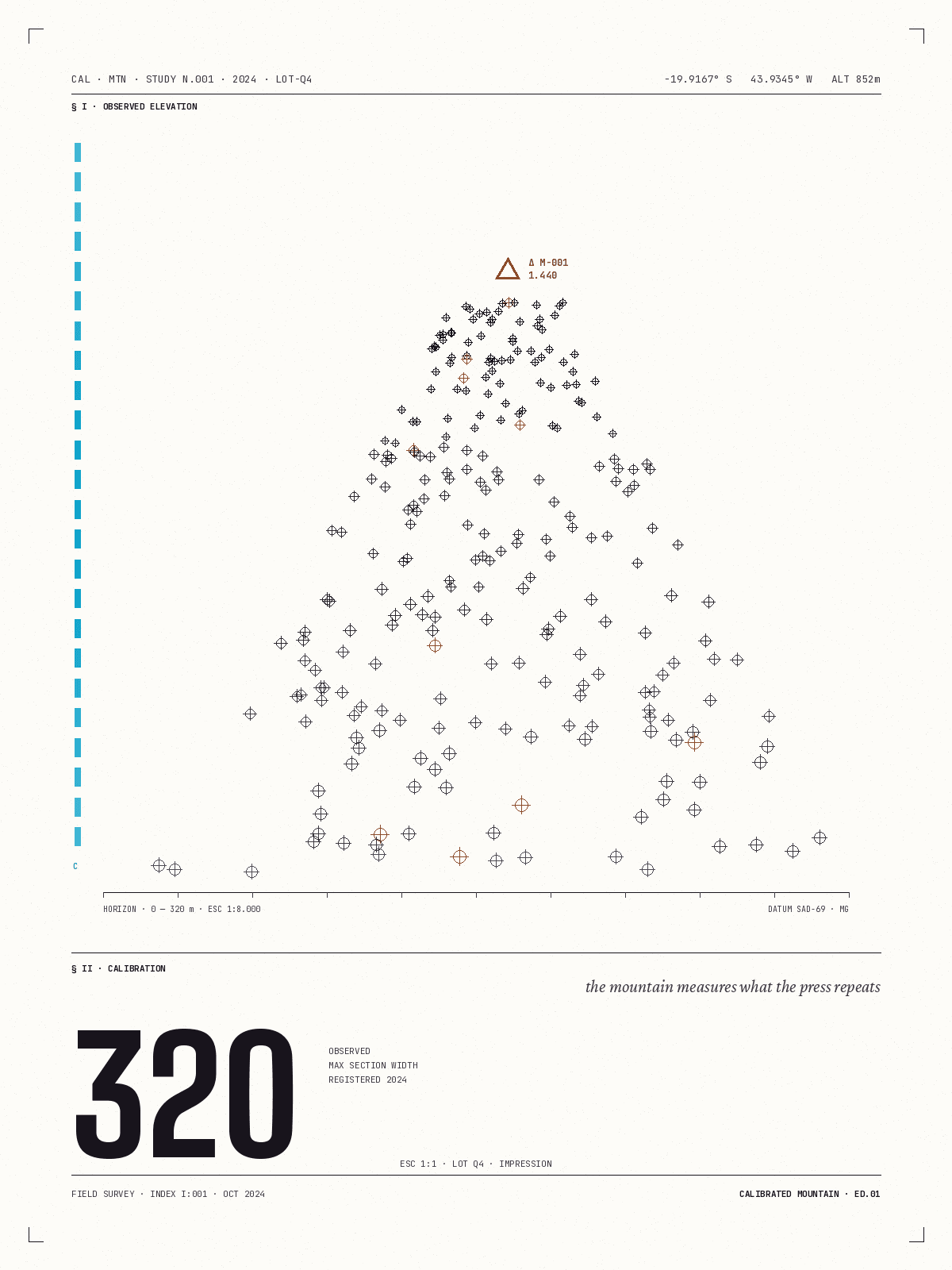 Calibrated Mountain — estudo visual em registros de impressão acumulados em formato de cordilheira