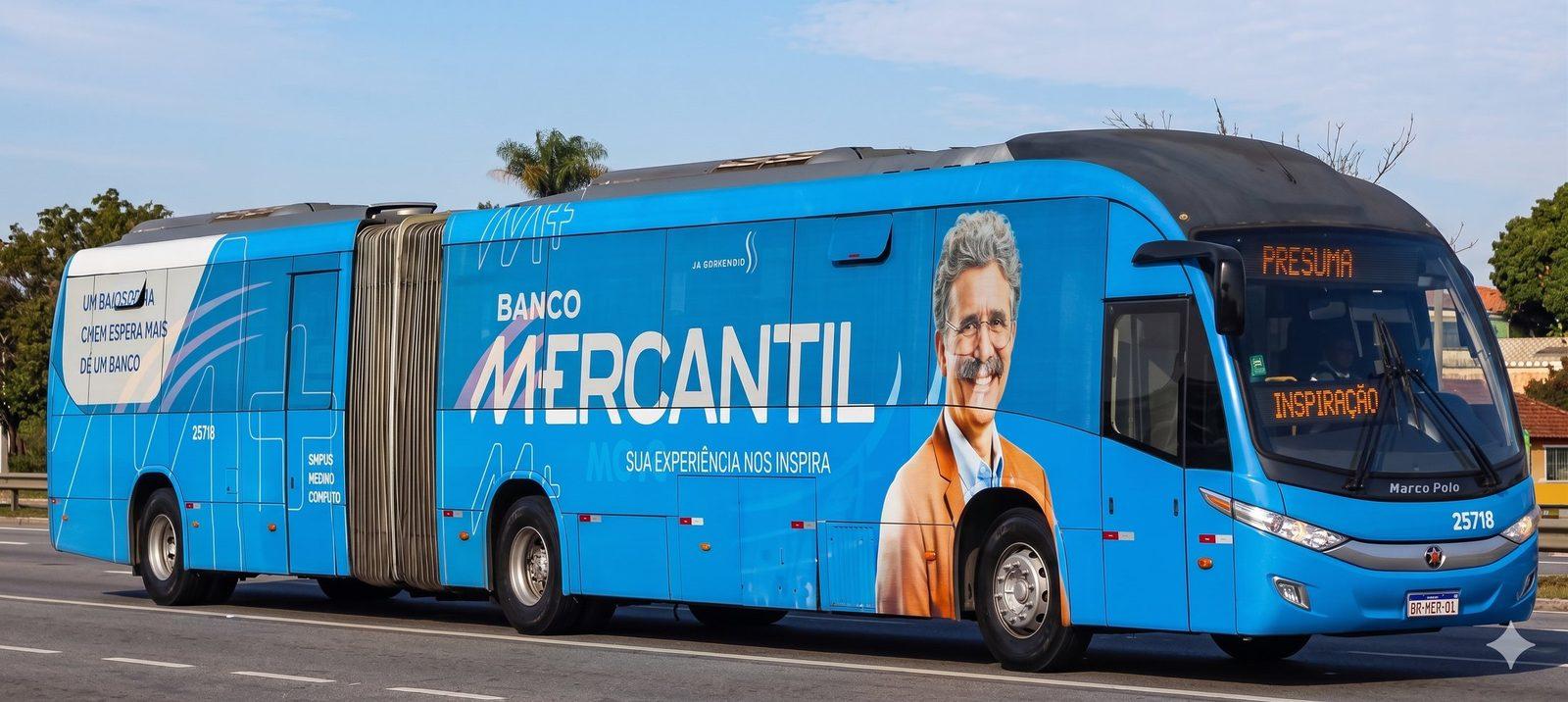 Envelopamento de busdoor do Banco Mercantil impresso pela Prime Graff